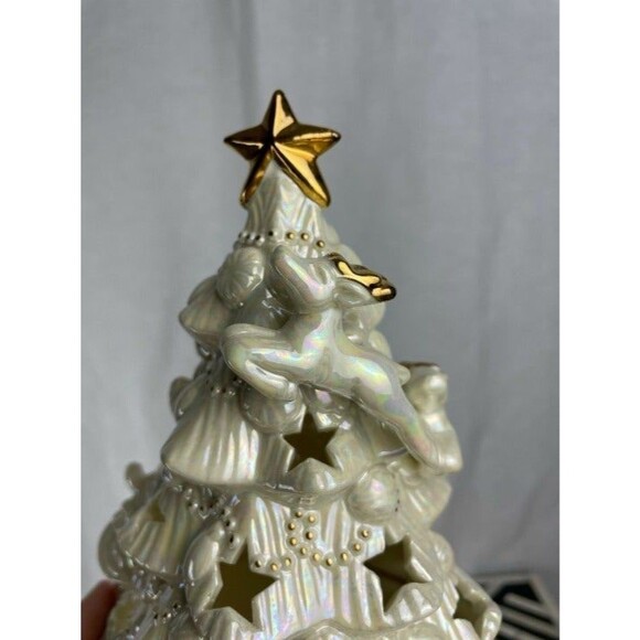 Vintage Iridescent Ceramic Christmas Tree Tealight Holder – Gold Star Accents - Picture 9 of 9
